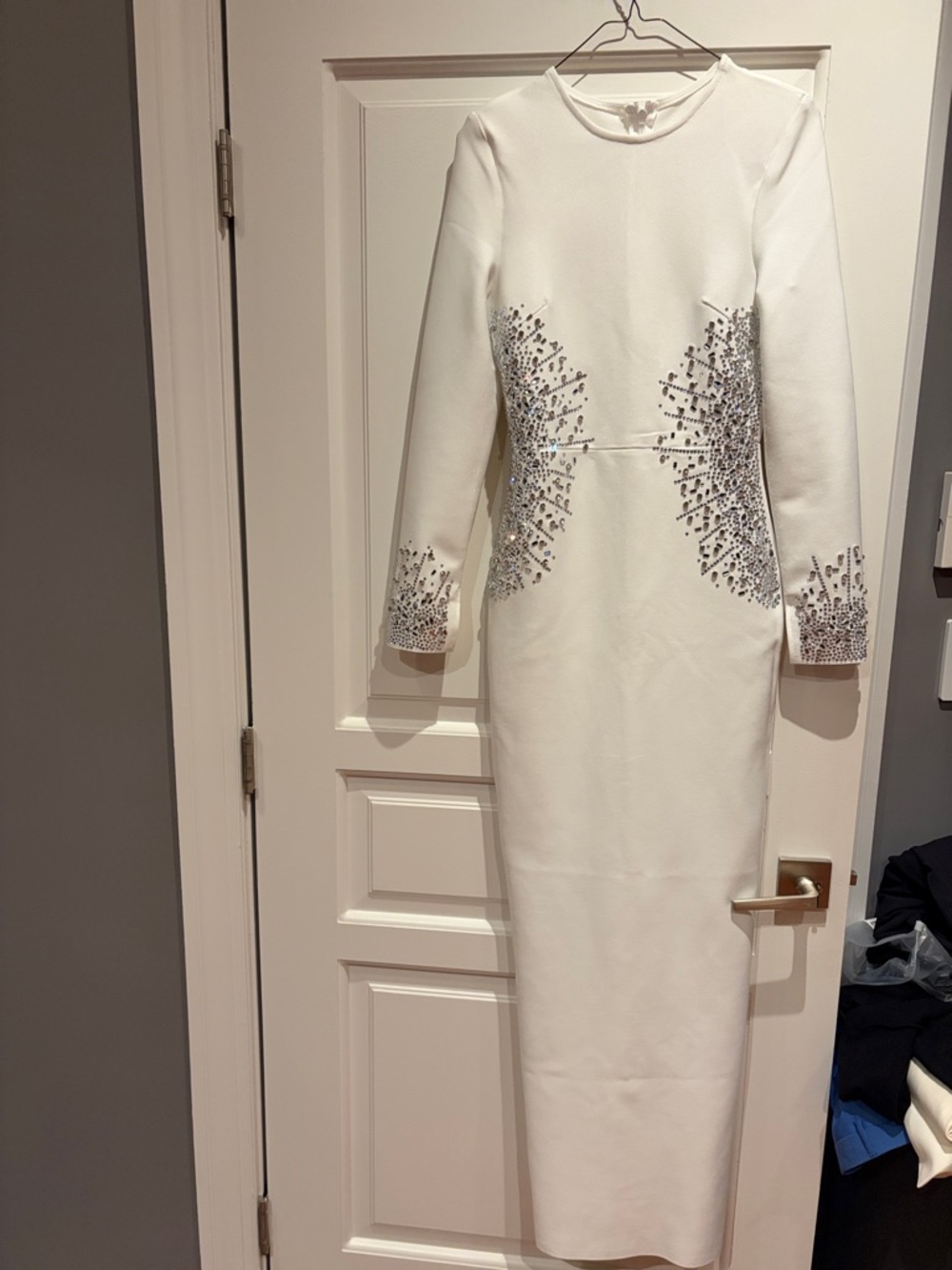 Embellished White Long Sleeve Midi Dress